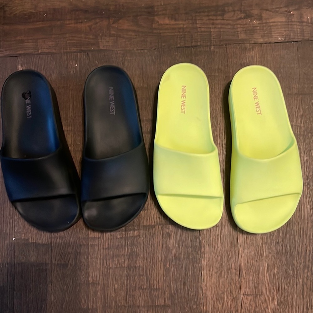 Two pair Nine West black & neon green platform slides Sz 6